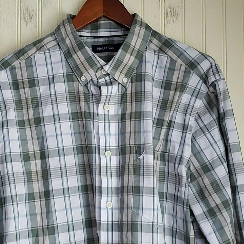 Nautica Shirt Mens XL Green Plaid Long Sleeve Button-Down Cotton Casual